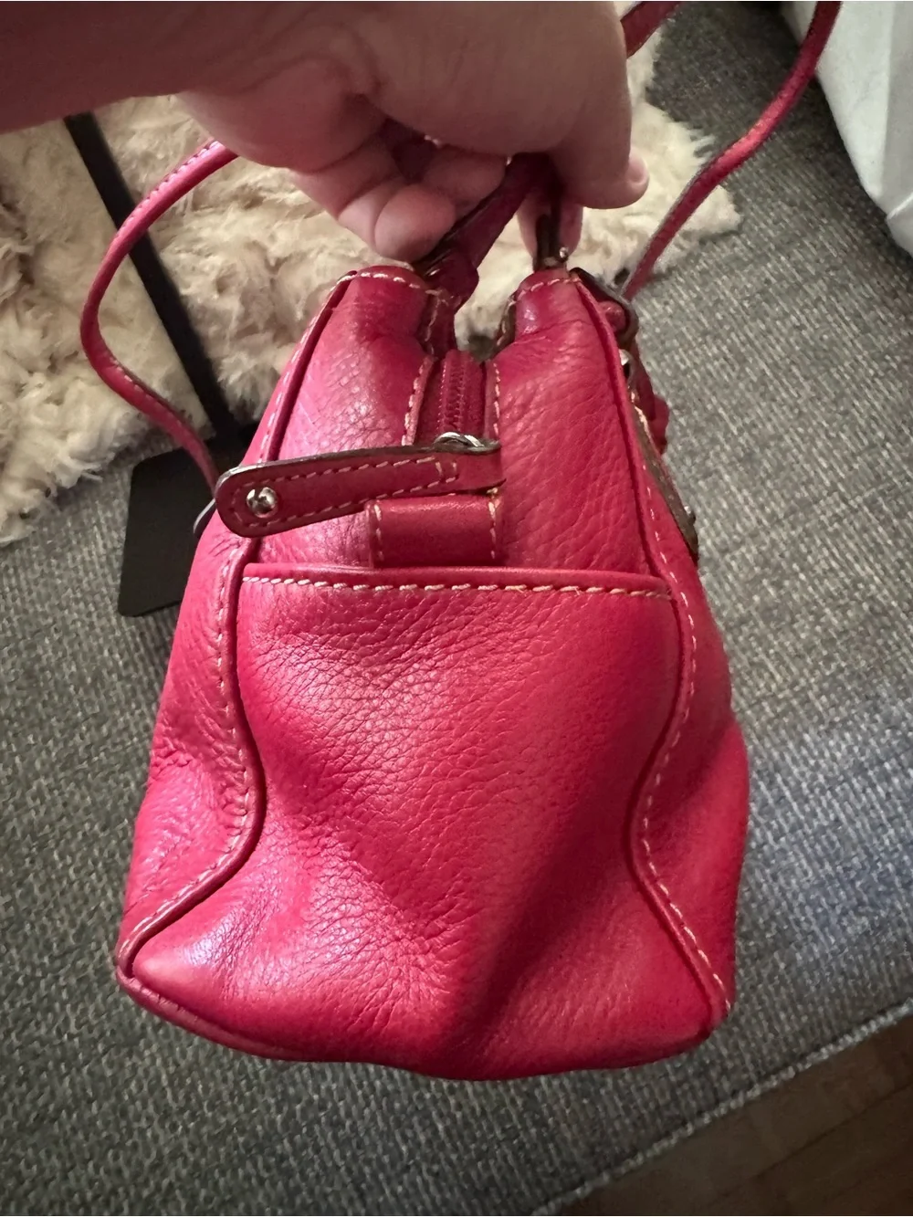 Fossil Red Leather Shoulder Bag / Satchel – Double Handle – Silver Hardware